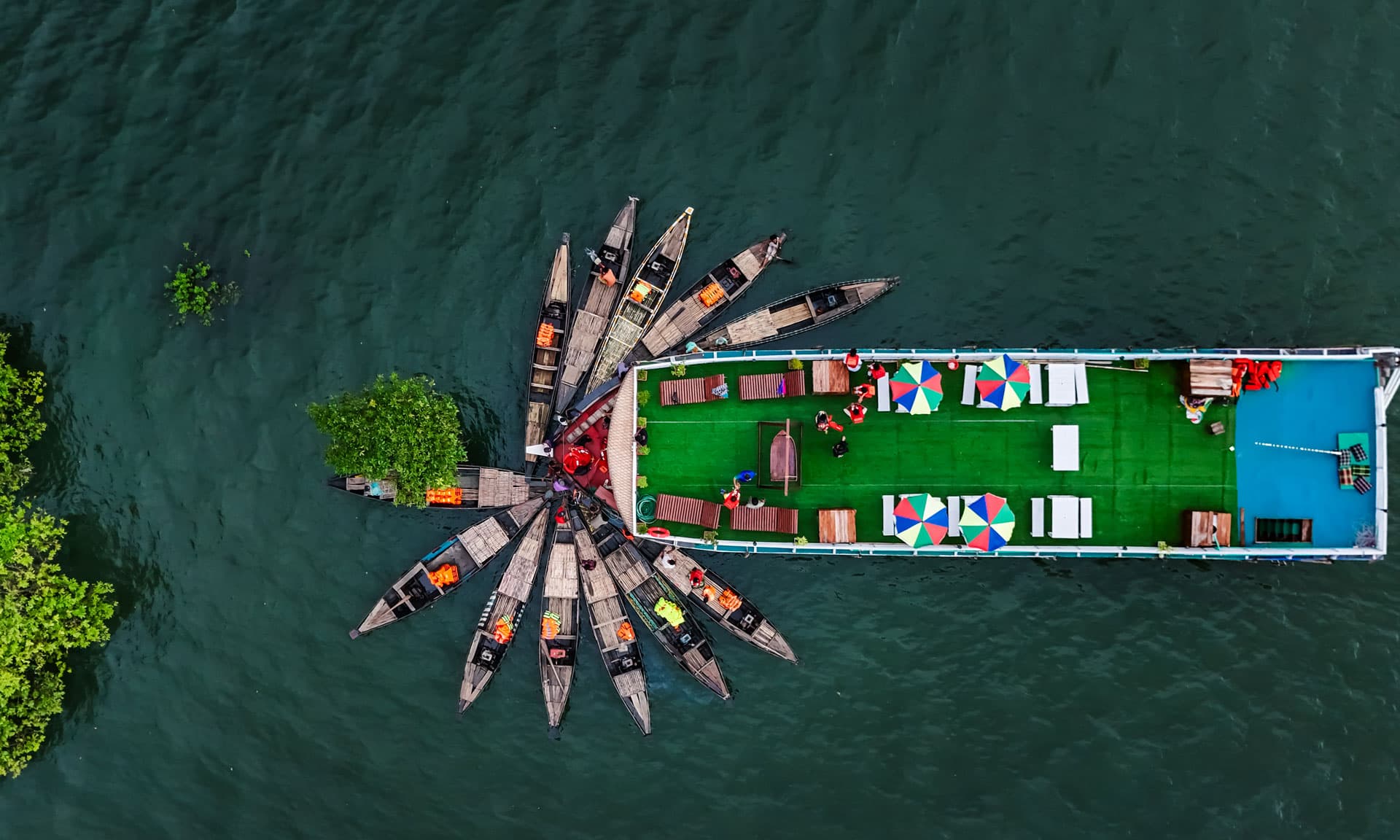 Aerial view of The Tangua Retreat cruise on the water